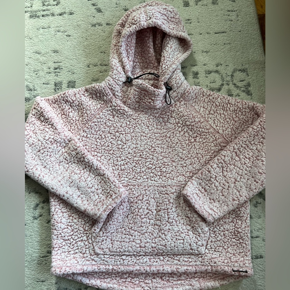 Pink Womens hooded Sherpa Jacket size medium pink and white fleece colors